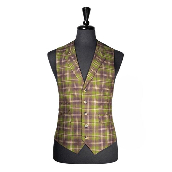 Mens Plaid Wool Vest 42R Green Brown Waistcoat Groom Wedding Party Formal Casual - Picture 1 of 10